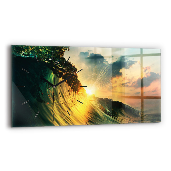 Glass wall clock rectangular Waves Sunset Perspective