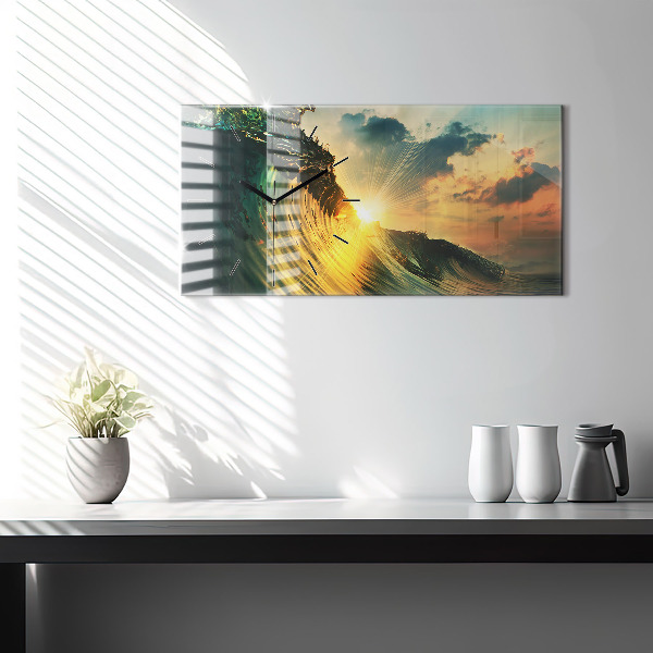 Glass wall clock rectangular Waves Sunset Perspective