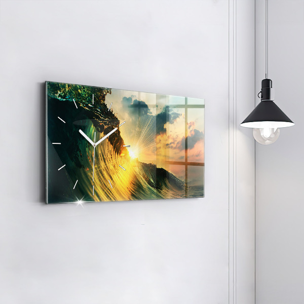 Glass wall clock rectangular Waves Sunset Perspective