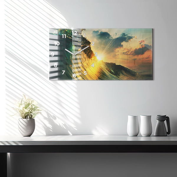 Glass wall clock rectangular Waves Sunset Perspective