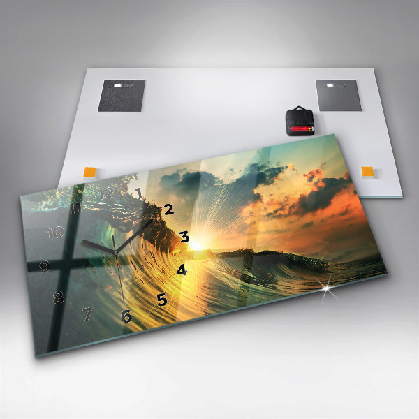 Glass wall clock rectangular Waves Sunset Perspective