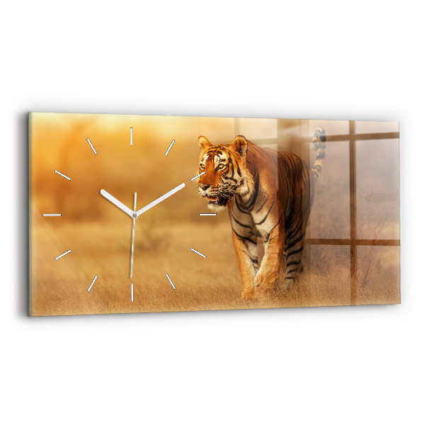 Glass wall clock rectangular Hunting Tiger