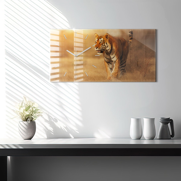 Glass wall clock rectangular Hunting Tiger