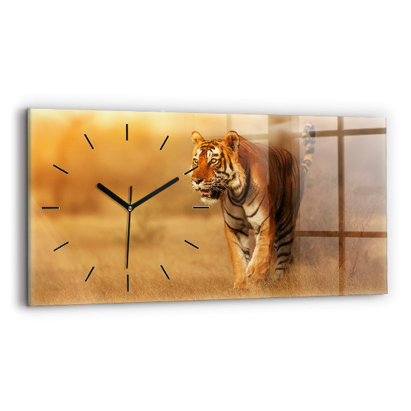 Glass wall clock rectangular Hunting Tiger