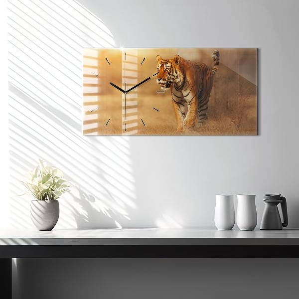 Glass wall clock rectangular Hunting Tiger
