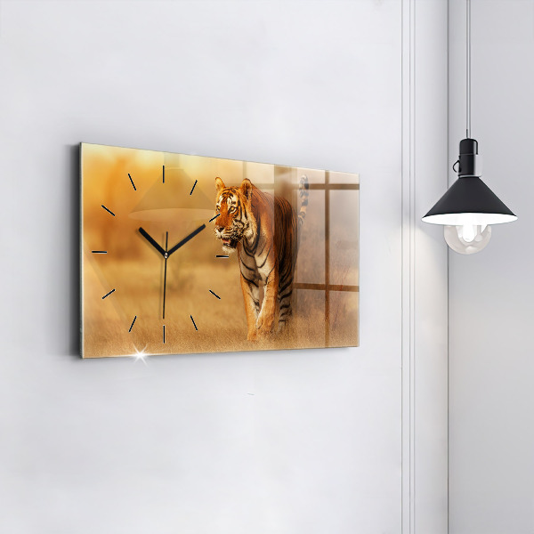 Glass wall clock rectangular Hunting Tiger