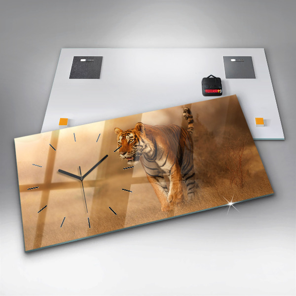 Glass wall clock rectangular Hunting Tiger