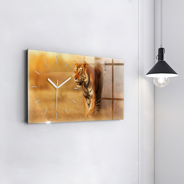 Glass wall clock rectangular Hunting Tiger