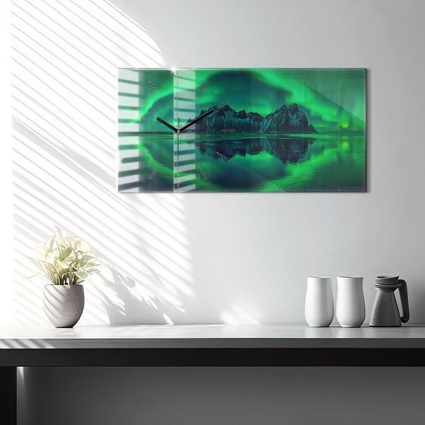 Glass wall clock rectangular Northern lights