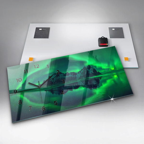 Glass wall clock rectangular Northern lights