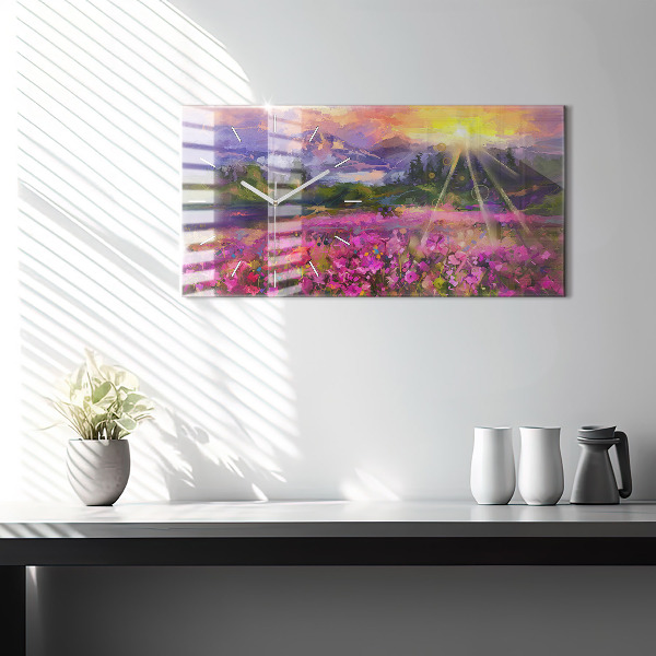 Glass wall clock rectangular Meadow in the sunset