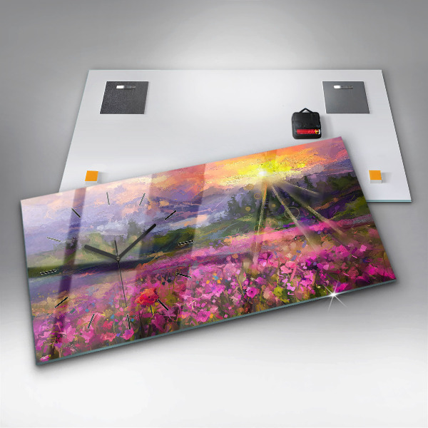 Glass wall clock rectangular Meadow in the sunset