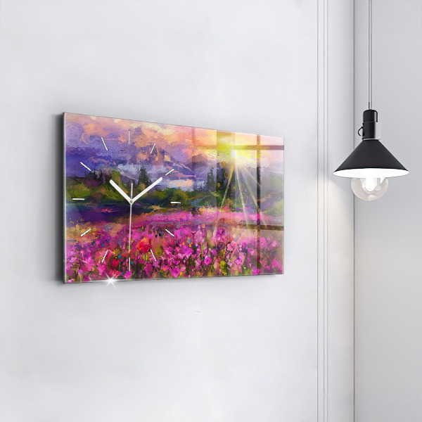 Glass wall clock rectangular Meadow in the sunset