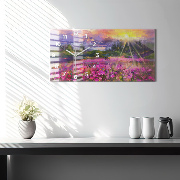 Glass wall clock rectangular Meadow in the sunset