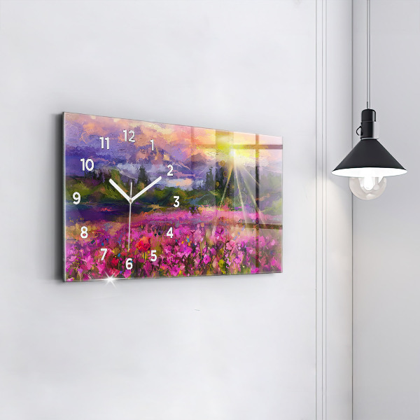 Glass wall clock rectangular Meadow in the sunset