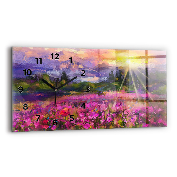 Glass wall clock rectangular Meadow in the sunset