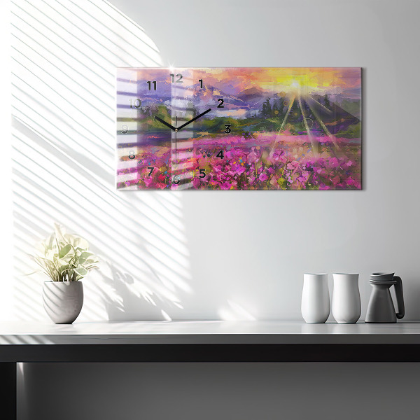 Glass wall clock rectangular Meadow in the sunset