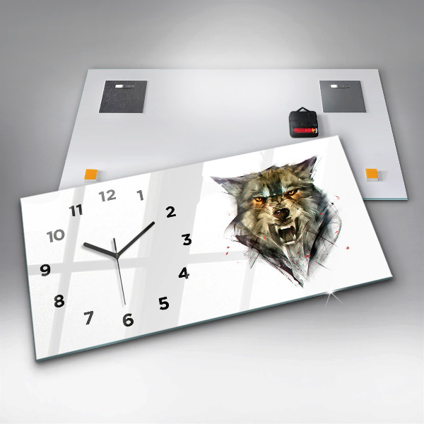 Glass wall clock rectangular Drawn portrait of a wolf