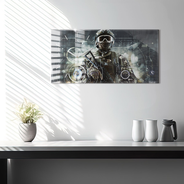 Glass wall clock rectangular Soldier with a gun