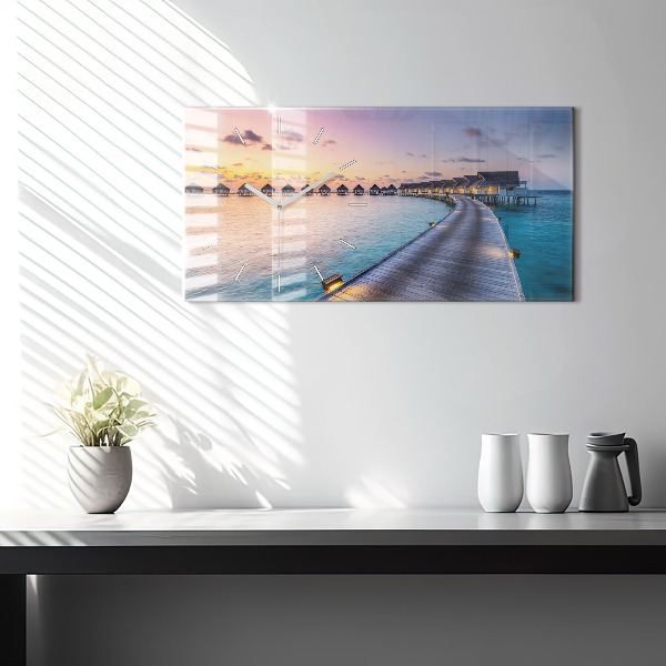 Glass wall clock rectangular Sunset Maldives
