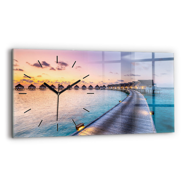 Glass wall clock rectangular Sunset Maldives