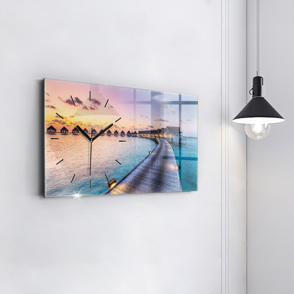 Glass wall clock rectangular Sunset Maldives