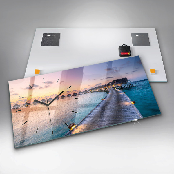 Glass wall clock rectangular Sunset Maldives