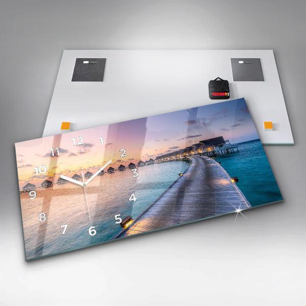 Glass wall clock rectangular Sunset Maldives