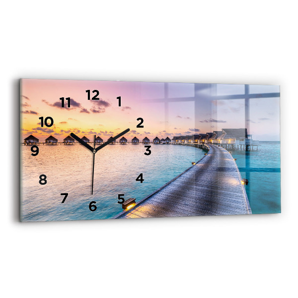 Glass wall clock rectangular Sunset Maldives