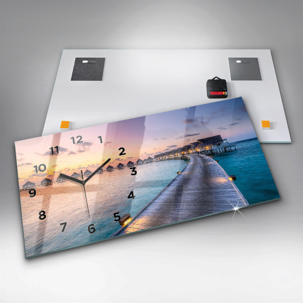 Glass wall clock rectangular Sunset Maldives
