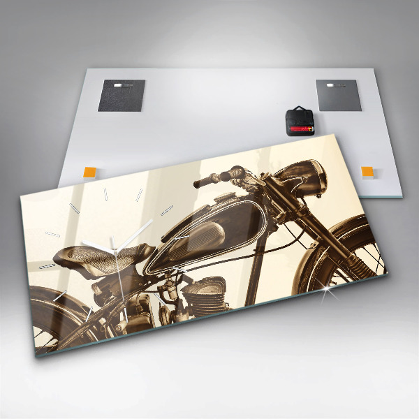 Glass wall clock rectangular Vintage Motorcycle Sepia