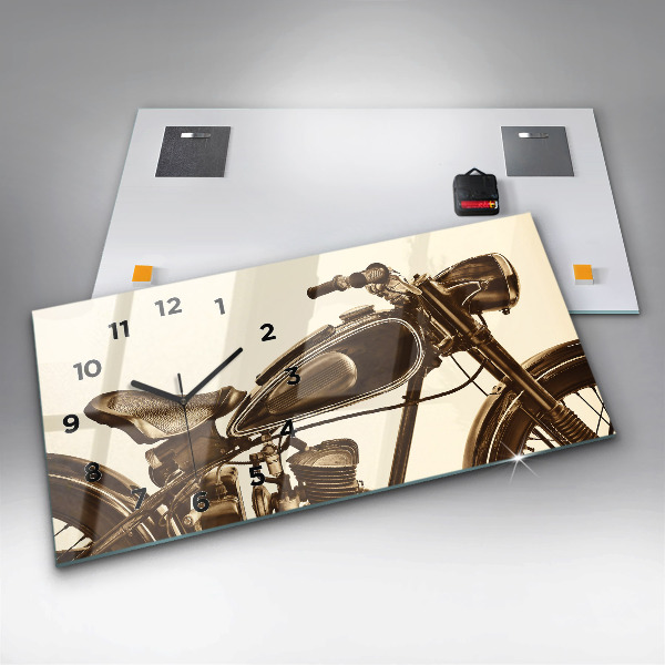 Glass wall clock rectangular Vintage Motorcycle Sepia