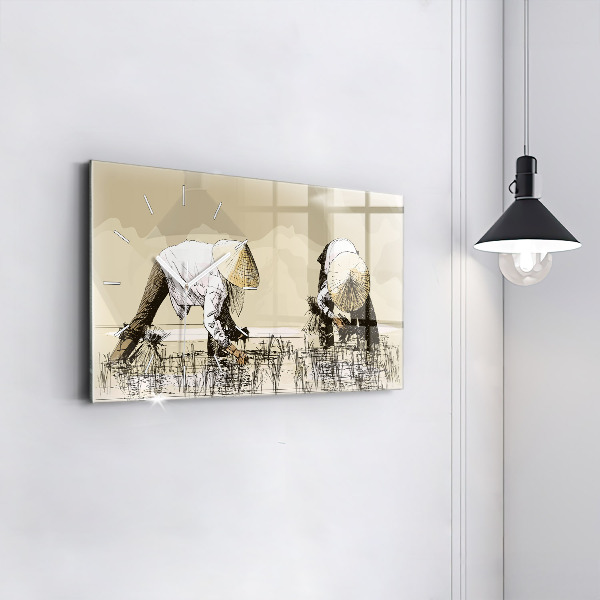 Glass wall clock rectangular Woman picking rice