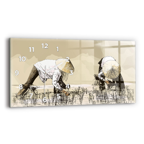 Glass wall clock rectangular Woman picking rice
