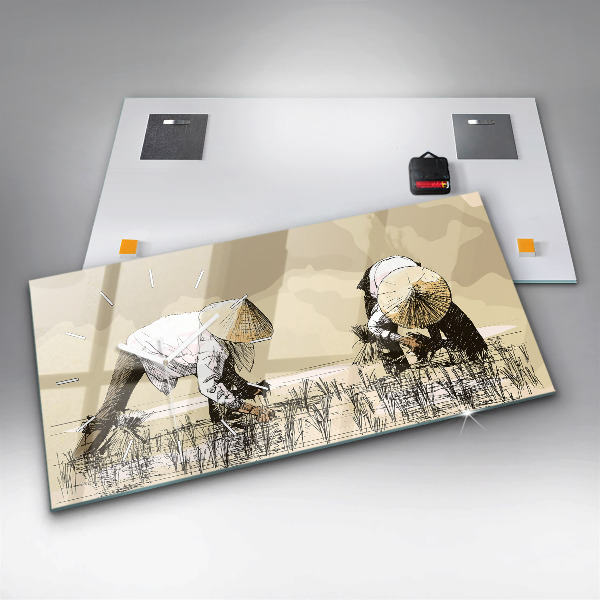Glass wall clock rectangular Woman picking rice
