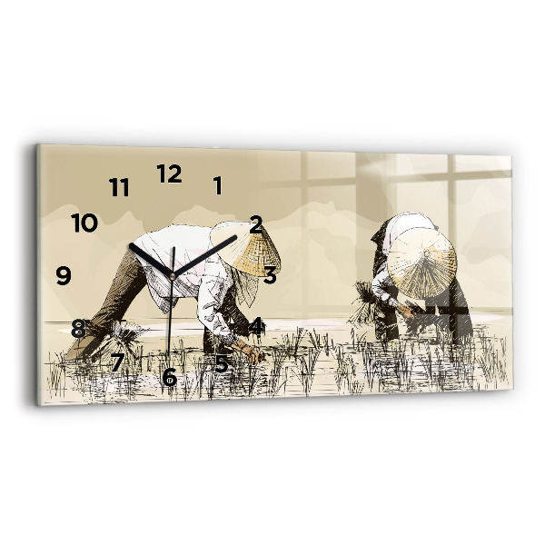 Glass wall clock rectangular Woman picking rice