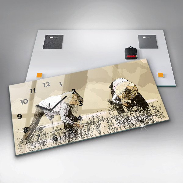 Glass wall clock rectangular Woman picking rice