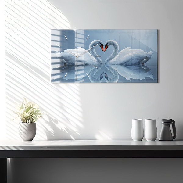 Glass wall clock rectangular Swans in the heart