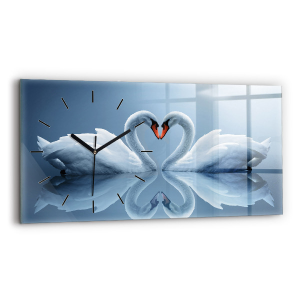 Glass wall clock rectangular Swans in the heart