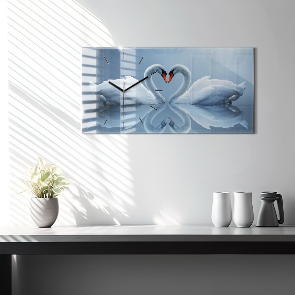 Glass wall clock rectangular Swans in the heart