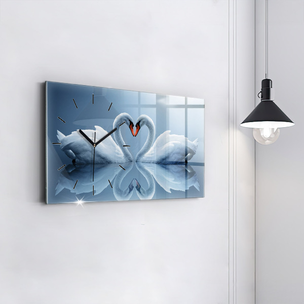 Glass wall clock rectangular Swans in the heart