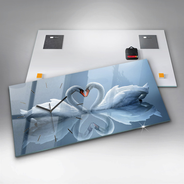 Glass wall clock rectangular Swans in the heart