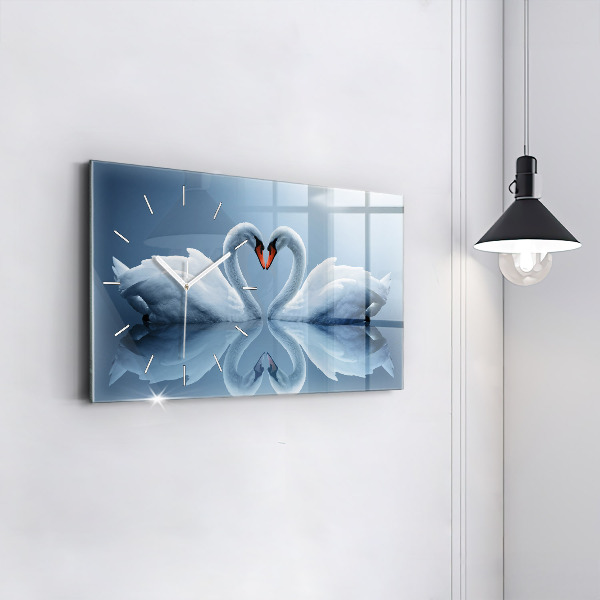 Glass wall clock rectangular Swans in the heart