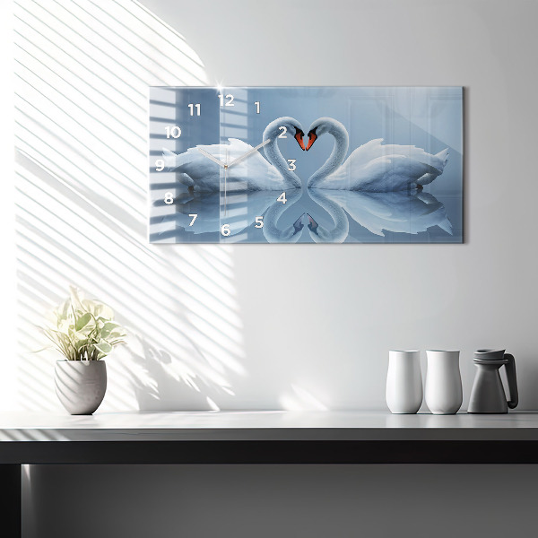 Glass wall clock rectangular Swans in the heart