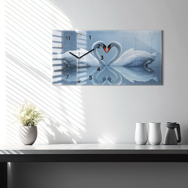 Glass wall clock rectangular Swans in the heart