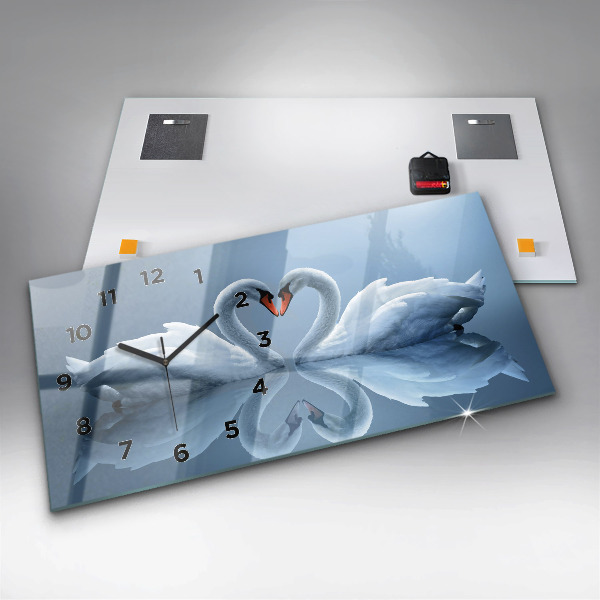 Glass wall clock rectangular Swans in the heart