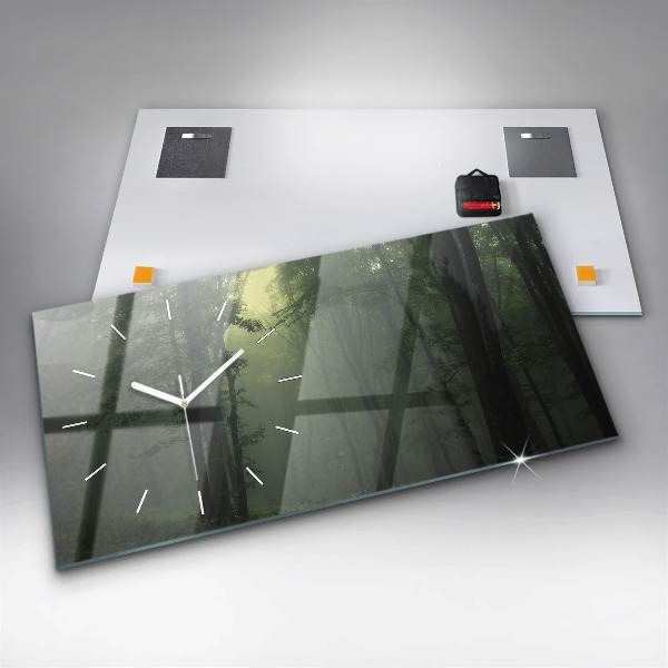 Glass wall clock rectangular Misty forest in the morning