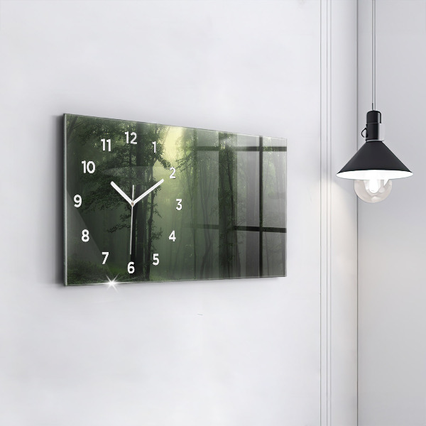 Glass wall clock rectangular Misty forest in the morning