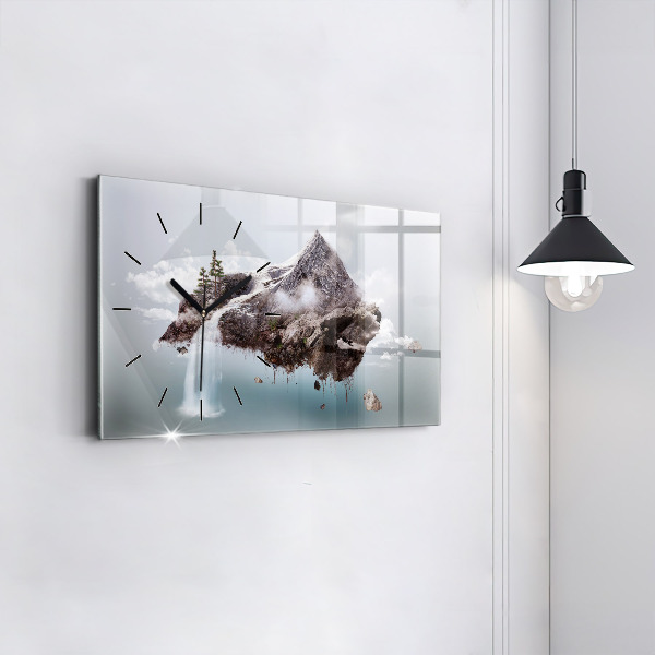 Glass wall clock rectangular Flying Island Waterfall