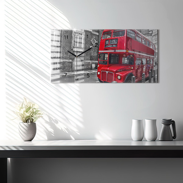 Glass wall clock rectangular Red double-decker bus